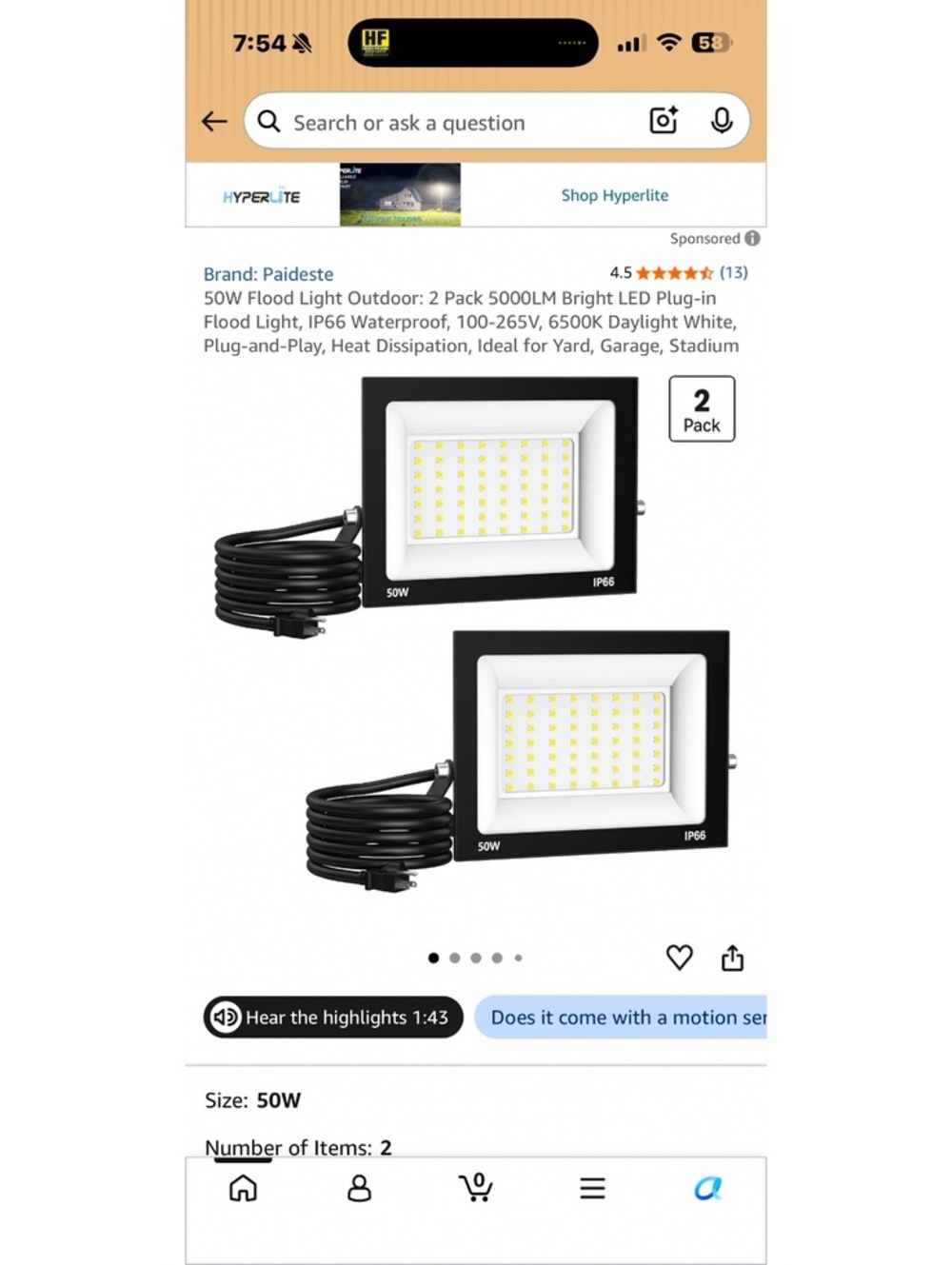 50W Outdoor LED Flood Light 2 Pack - 5000LM Bright Plug-in Floodlights,